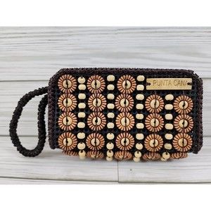 Punta Cana Dark Brown/Light Brown Beaded Wallet Wristlet Boho Hippie 2 Zippers